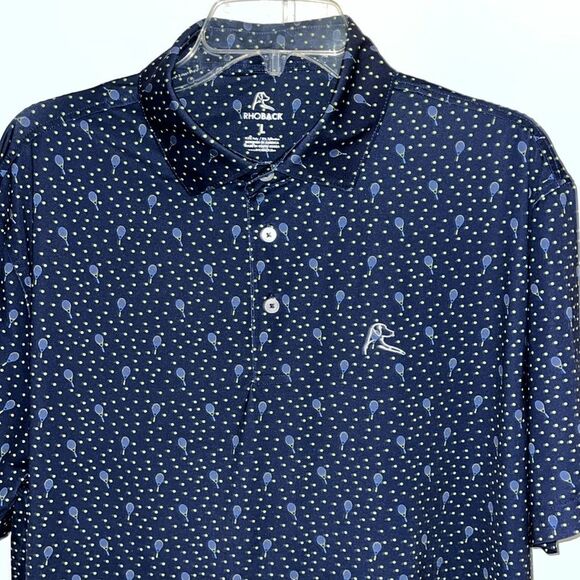 Men's Rhoback The Tennis Racquet Balls DK Blue Golf Polo Shirt-L Retired Design - Picture 1 of 7